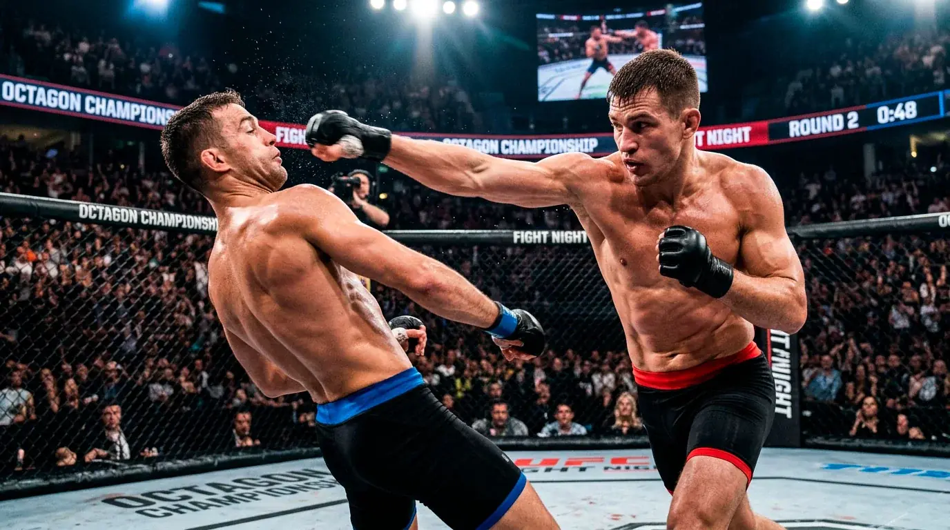 MMA fighter landing a powerful punch inside the octagon during a UFC bout